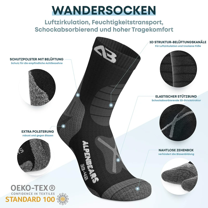 Wandersocken Merinowolle - 2er-Set - Grau-Schwarz - Größe 39-42