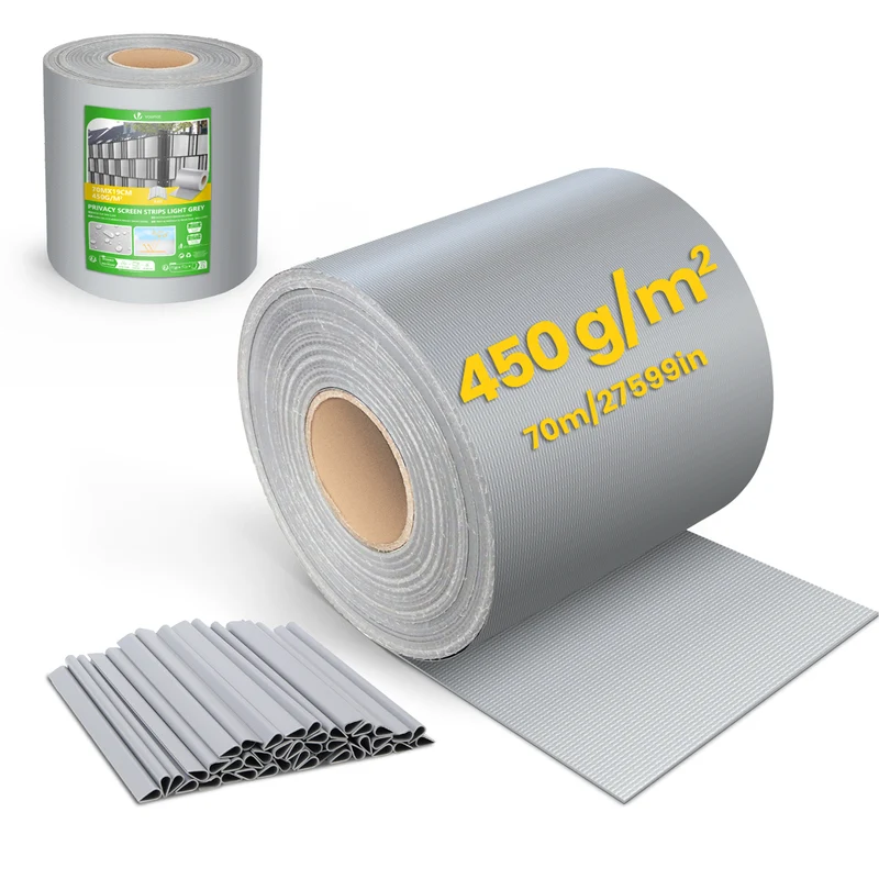 PVC Sichtschutzstreifen für Doppelstabmatten 70m x 19cm, 40 Befestigungsclips, Hellgrau