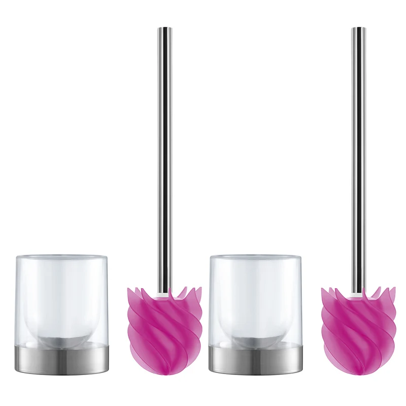 WC-Bürste Silikonkopf Edelstahl/pink mit Bürstenhalter transparent/Edelstahl - 2er-Set