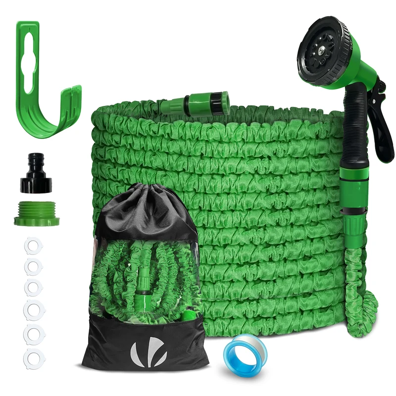 Flexibler Gartenschlauch 15m, Flexibel Wasserschlauch Dehnbarer mit 10 Sprühfunktionen, Grün