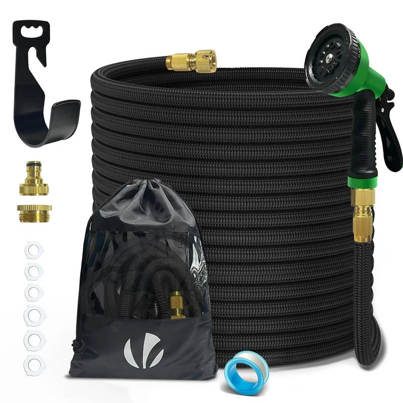 Flexibler Gartenschlauch 30m, Flexibel Wasserschlauch Dehnbarer mit 10 Sprühfunktionen,Messinganschlüssen,Schwarz