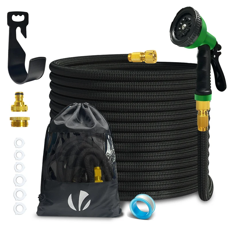 Flexibler Gartenschlauch 15m, Flexibel Wasserschlauch Dehnbarer mit 10 Sprühfunktionen, Messinganschlüssen,Schwarz