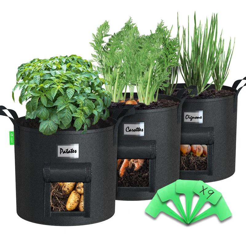 3er Pflanzsack 43L, Pflanztasche mit Fenster & Pflanzenschilder