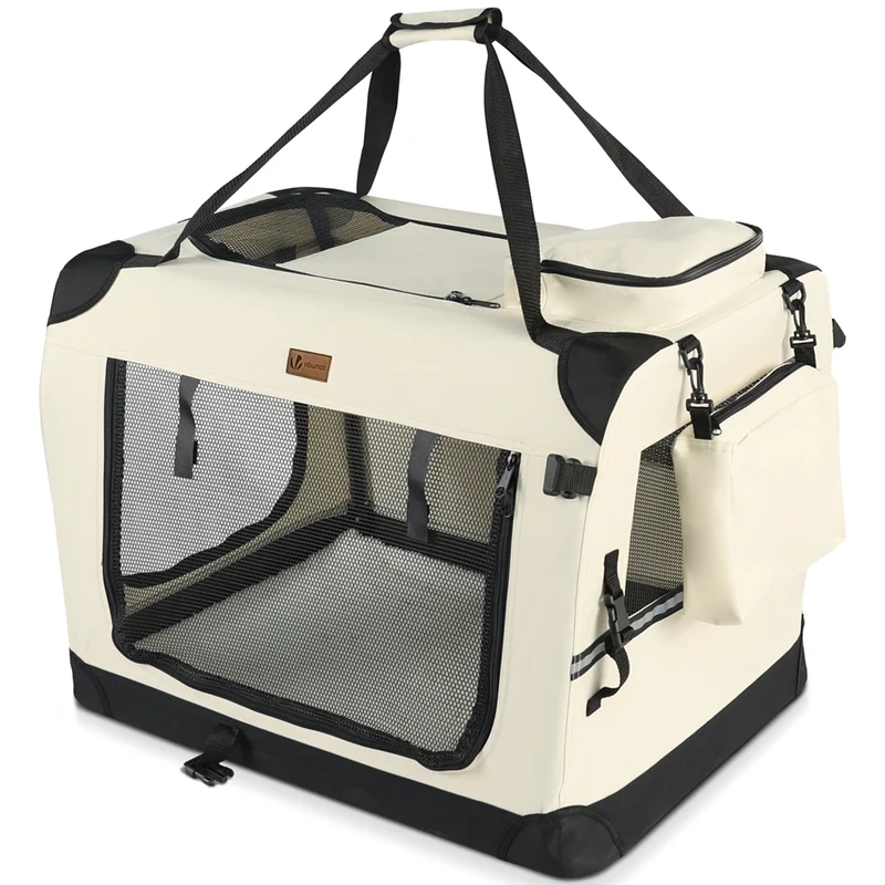Hundebox faltbar, Hundetransportbox robust für Katze & Hunde 82x60x60cm XL Beige