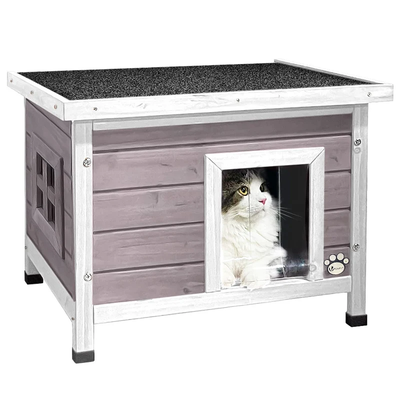 Katzenhaus aus Holz, Katzen Haus Katzenhütte für Draussen Outdoor, Grau
