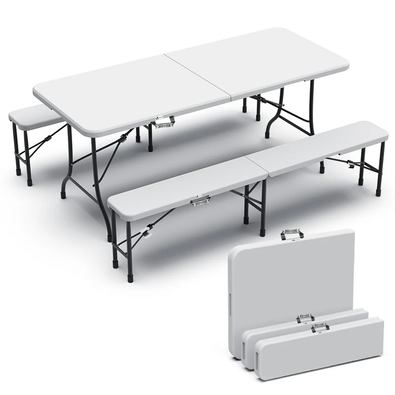 Bierzeltgarnitur Klappbar 3-teilig Set, 1 Biertisch & 2 Bierbänke, Festzeltgarnitur Gartengarnitur Campingset, Weiß