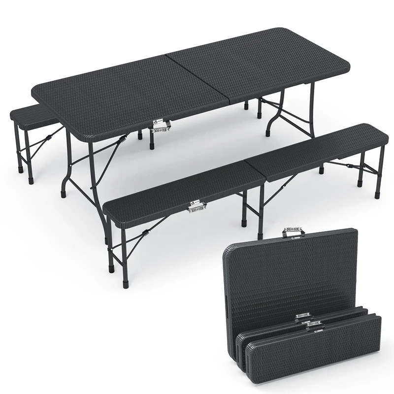 Bierzeltgarnitur Klappbar 3-teilig Set, 1 Biertisch & 2 Bierbänke, Festzeltgarnitur Rattan-Optik Gartengarnitur Campingset, Schwarz