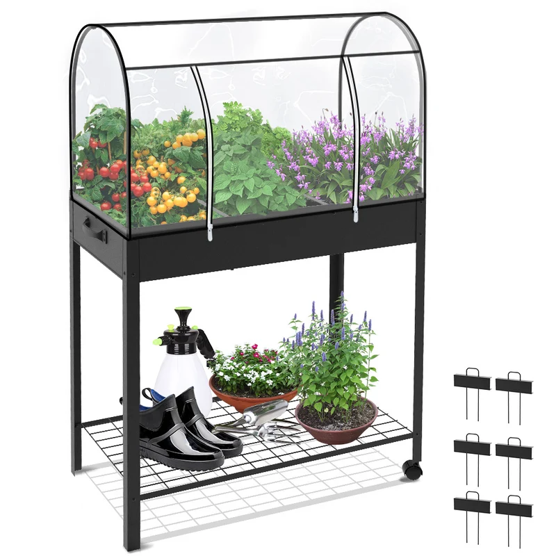 Metall Hochbeet mit Abdeckung, Rädern, Regal und 6 geteilten Gittern, Pflanztrog Kräuterbeet für Balkon, 80.5x43xx130cm