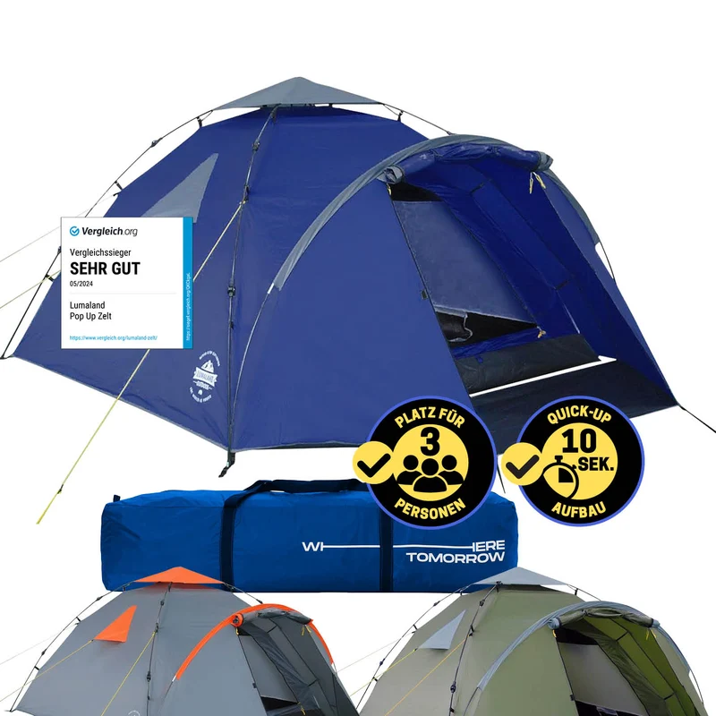 Pop up Familienzelt für 3 Personen - ca. 220 x 220 x 130 cm - Blau