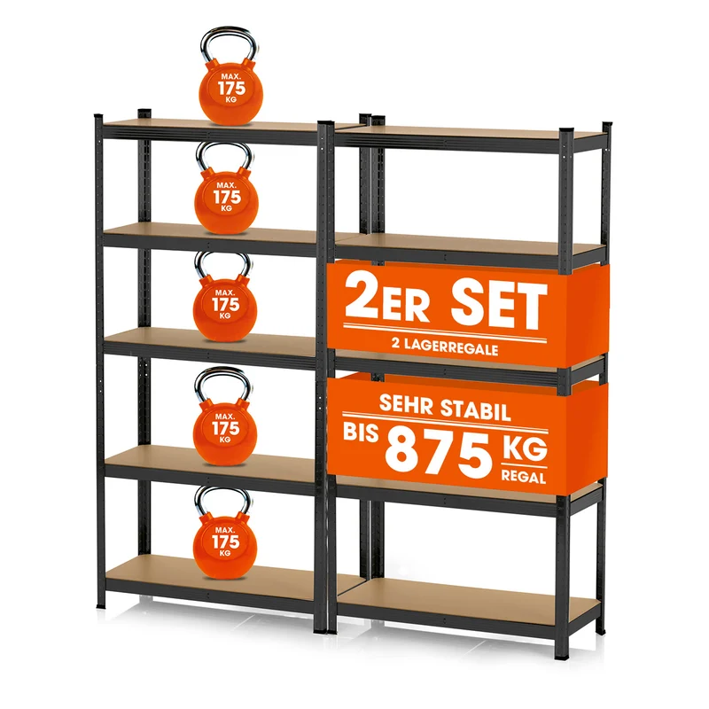 Schwerlastregal mit 5 belastbaren Holzböden - 180 x90 x 40 cm - schwarz - 2er-Set