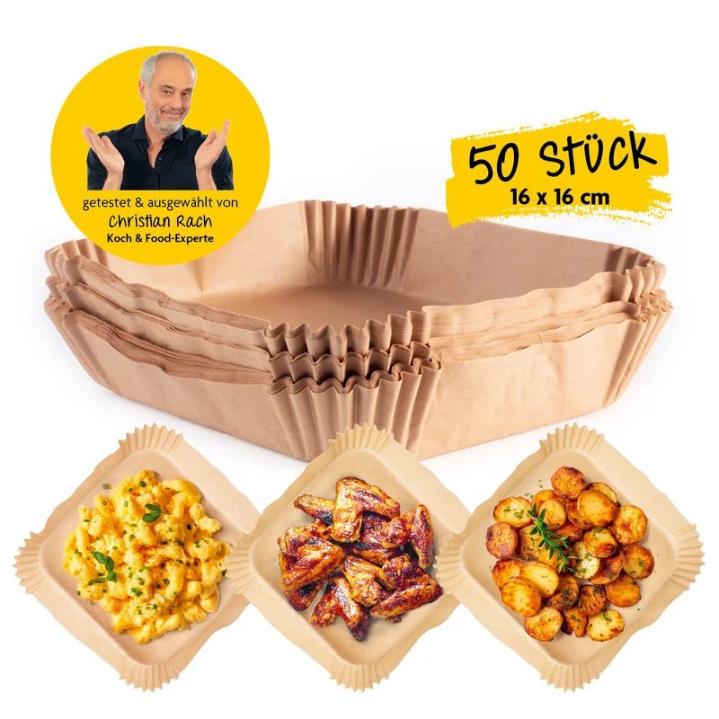 Backpapierschalen für Heißluftfritteusen (2–5 l) mit 2 Rezeptideen - 50 Stück à 16 x 16 x 4,5 cm