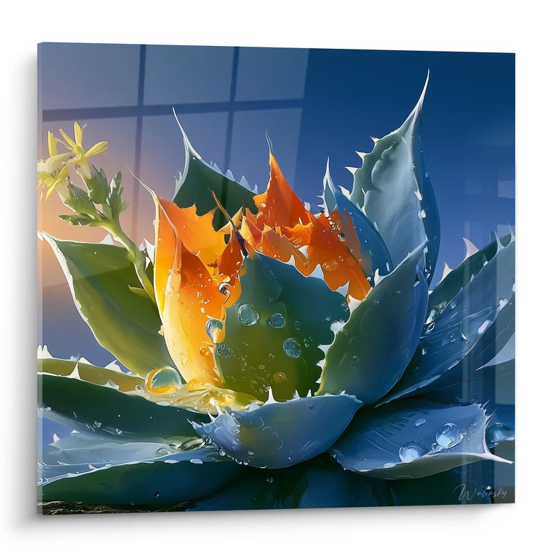 Tableau Aloe vera aux feuilles bleutées et orangées - Rosée du matin - Edition Aloe vera