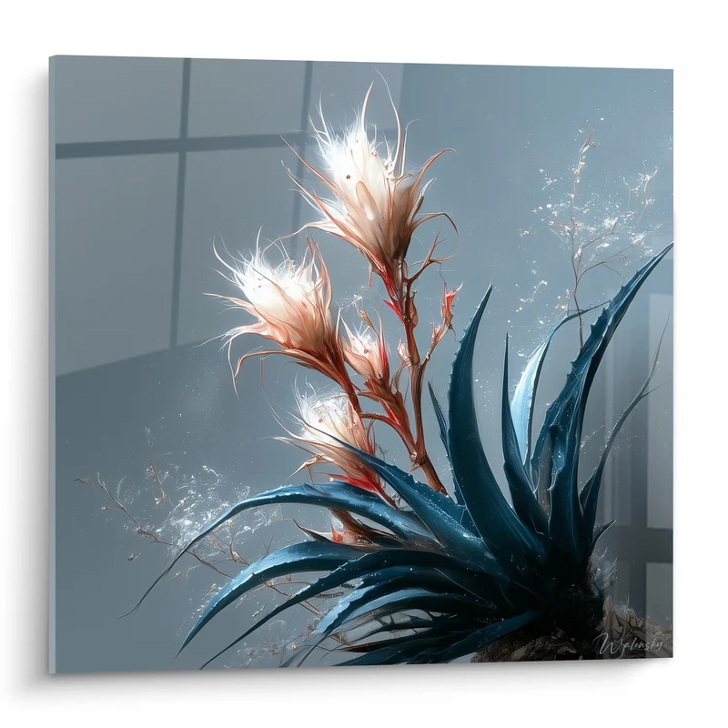 Tableau Aloe vera bleu pétrole et floraison ivoire - Éclosion sous le gel - Edition Aloe vera
