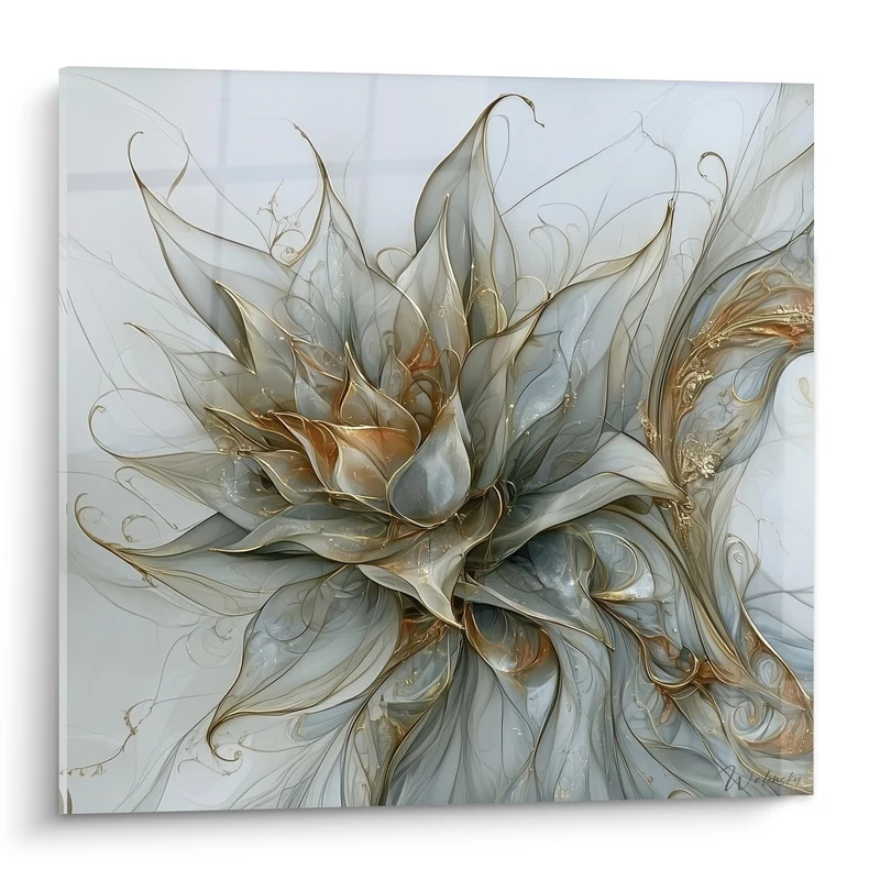 Tableau Aloe vera gris perle et cuivré aux volutes filiformes - Arabesques dorées translucides - Edition Aloe vera
