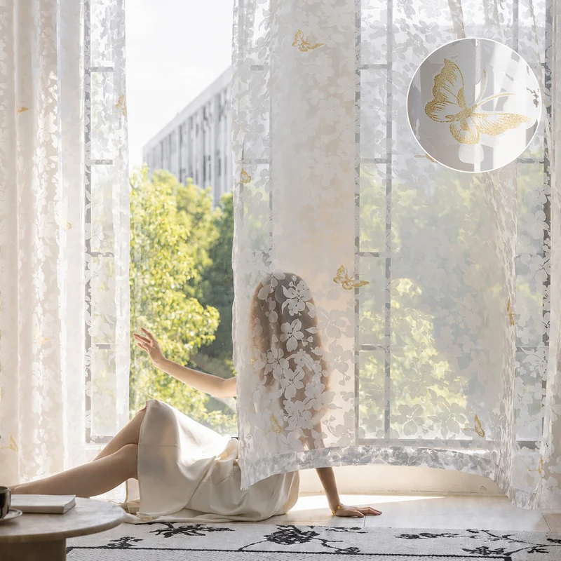2 Jacquard Voile Vorhänge mit Blättermuster und Ösen