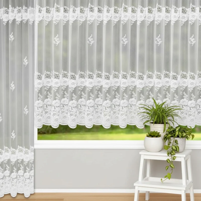 Fertigstore "Blumen" weiß mit Kräuselband - Fertiggardine von Albani
