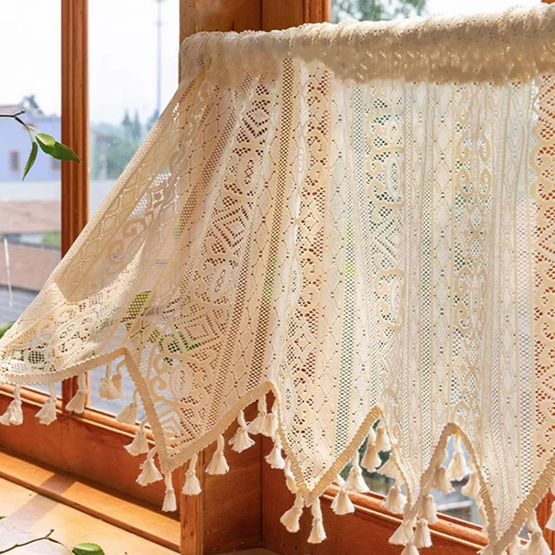 Vintage Kurzgardine mit Quasten – Boho Stil, Creme, Rod Pocket