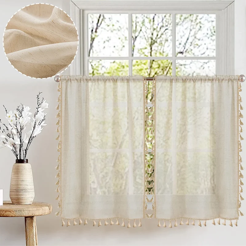 Vintage Kurzgardine mit Quasten – Creme, Rod Pocket