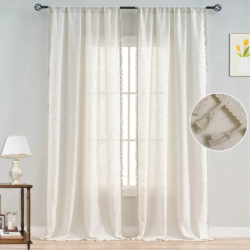 Transparente Gardine mit Quasten – Vintage, Creme, Rod Pocket