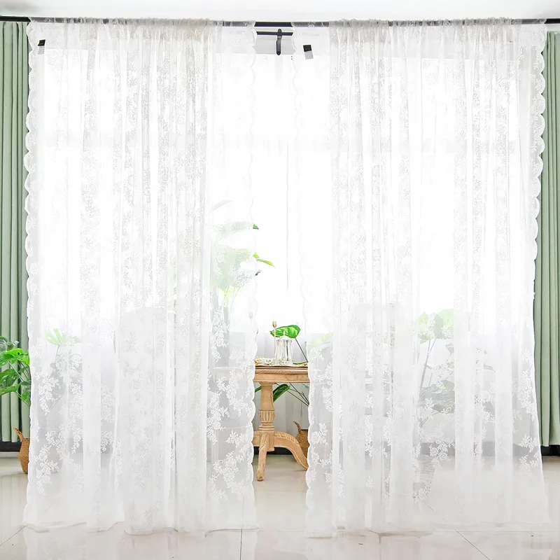 Transparente Spitzengardine mit Blumenmuster – Wellenkante, Weiß, Rod Pocket
