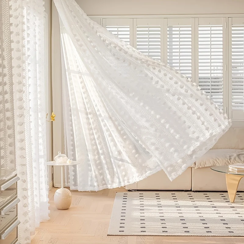 Transparente Pompon-Gardine – Boho-Stil mit Stangentasche, Weiß
