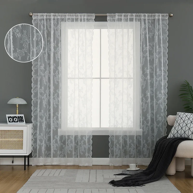 Transparente Gardine mit Blumenmuster – Spitze, Weiß, Rod Pocket