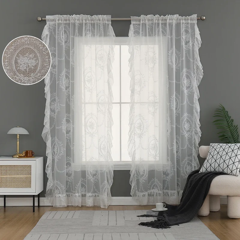 Transparente Spitzengardine mit Blumenmuster und Rüschen – Weiß, Rod Pocket