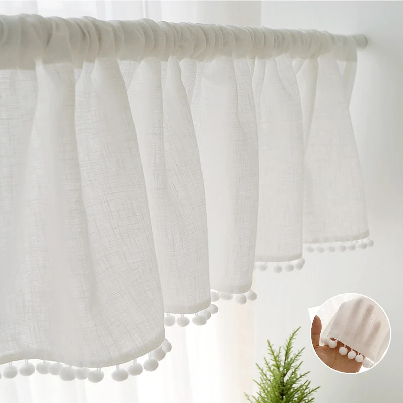 Transparente Kurzgardine mit Pompons – Leinenoptik, Weiß, Rod Pocket