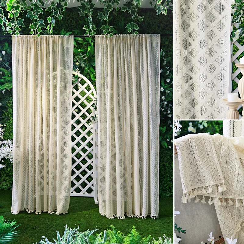 Transparenter Vorhang Vintage mit Quasten – Häkeloptik, Rod Pocket, Creme