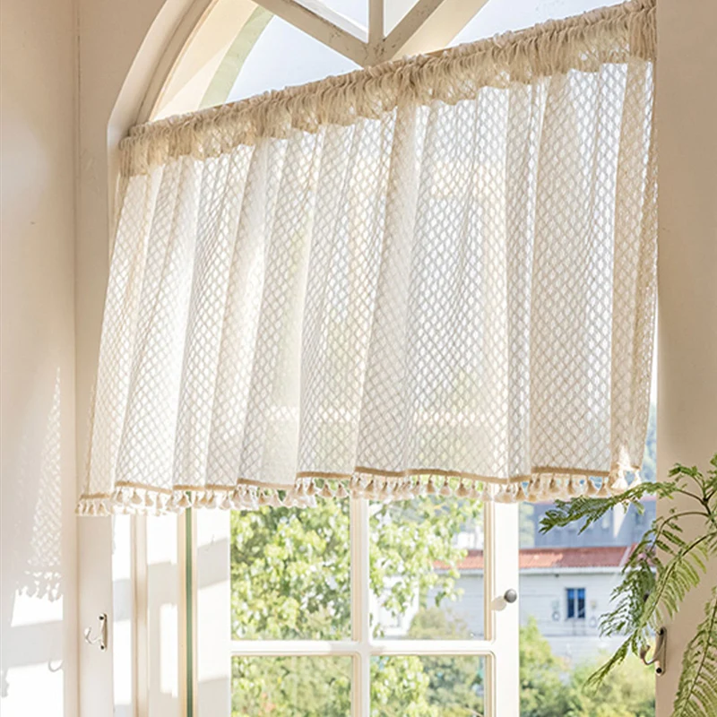 Vintage Kurzgardine mit Quasten – Boho Stil, Creme