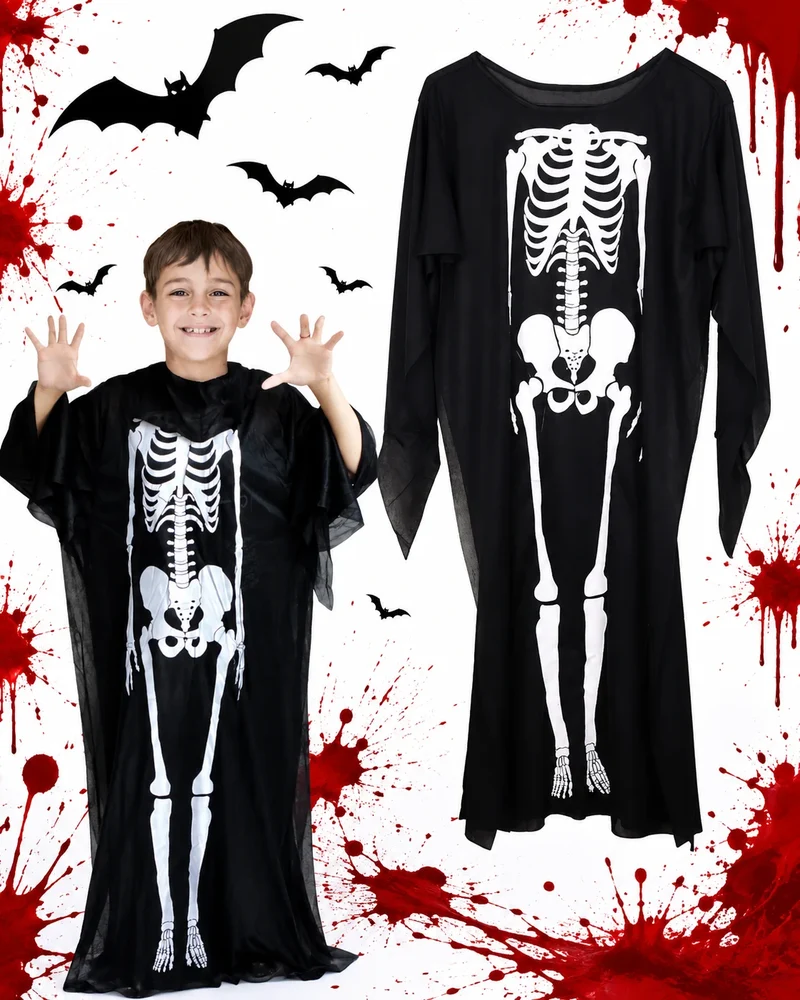 Skelett Kostüm Halloween Schwarz Langarm Verkleidung Karneval Universal