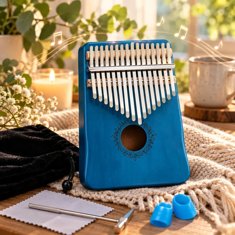 Kalimba 17 Tasten Blau – Daumenklavier aus Holz mit Tasche & Zubehör