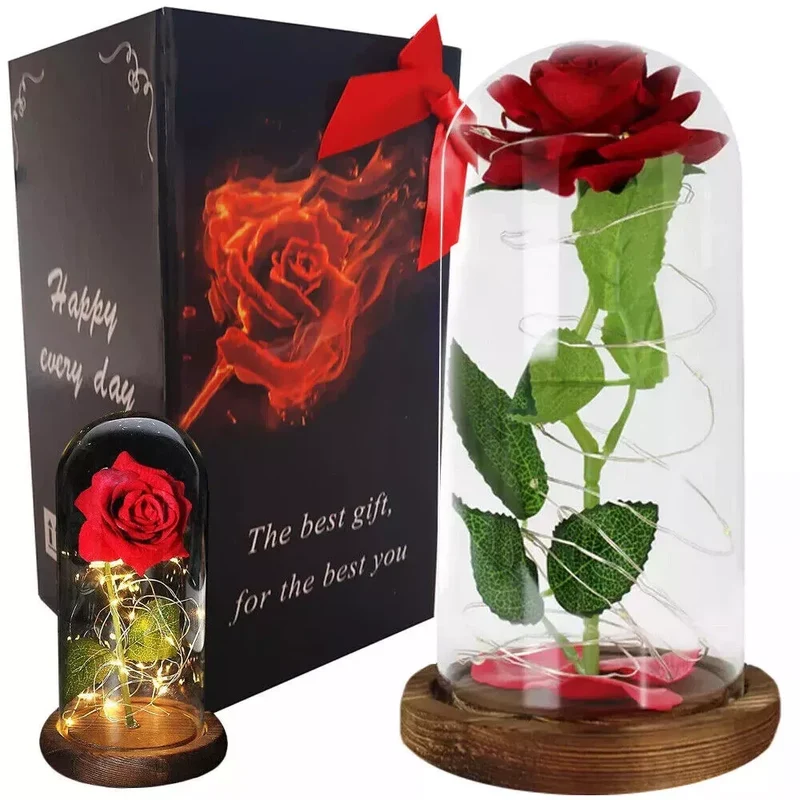 LED Ewige Rose im Glas Rot mit Holzsockel – Romantisches Geschenk für Valentinstag, Geburtstag und Muttertag