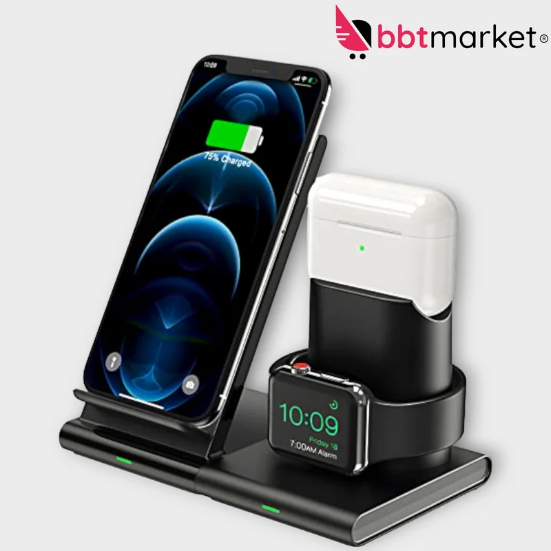 3 in 1 Qi Wireless Ladegerät – Schnellladestation für Smartphone, Uhr & Kopfhörer
