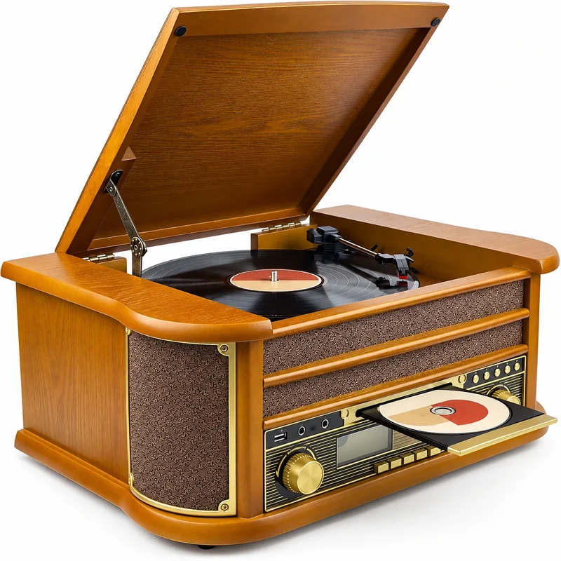 Nostalgie Holz Musikanlage – Retro Stereoanlage mit Plattenspieler, CD-Player, USB, Radio & Bluetooth