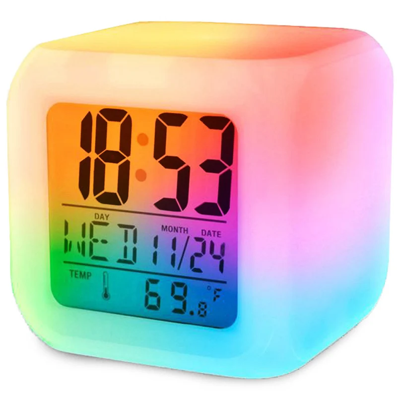 LED Digital Wecker mit LCD Display, Thermometer, Kalender und 7 Farben Farbwechsel Alarmuhr 8435507856041