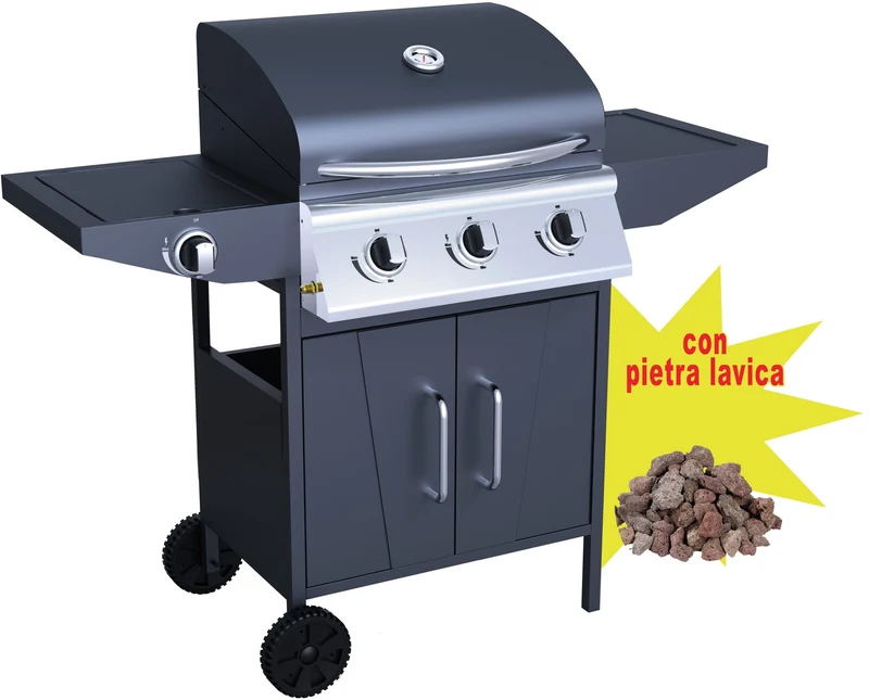 Barbecue a gas tre fuochi C/FORNELLONE Carrara Cardinale con 3 kg di pietra lavica